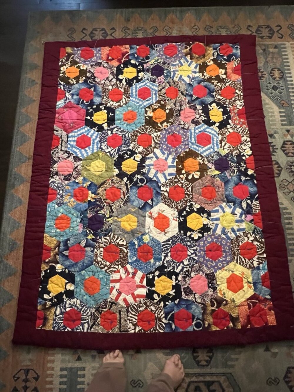 vtg Artizan Hand Tied Boho Luxe Patchwork Floral Blossom Quilt 60x70'' heavy - Picture 8 of 8